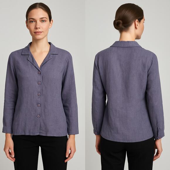Vintage FLAX by Jeanne Engelhart 100% Linen Button Front Shirt Small Purple Blue - Picture 1 of 7